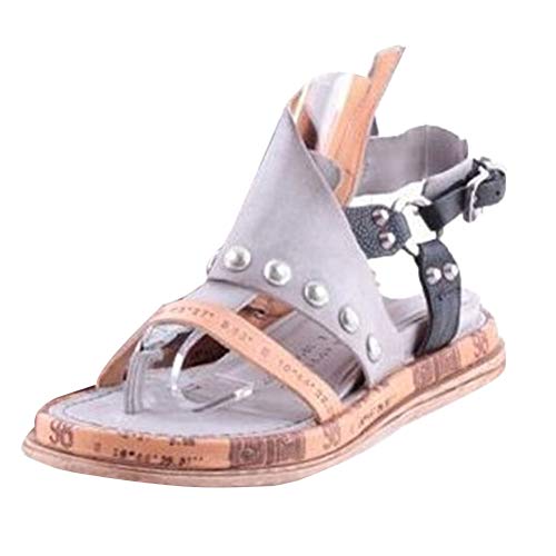 ORANDESIGNE Damen Sandalen Sommer Flache Riemchensandalen Leopard Schaftsandalen Open Toe Flip Flops PU Leder Strandsandalen mit Reißverschluss 43 EU Grau von ORANDESIGNE