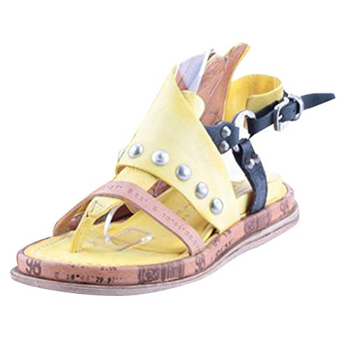 ORANDESIGNE Damen Sandalen Sommer Flache Riemchensandalen Leopard Schaftsandalen Open Toe Flip Flops PU Leder Strandsandalen mit Reißverschluss Gelb 39 EU von ORANDESIGNE