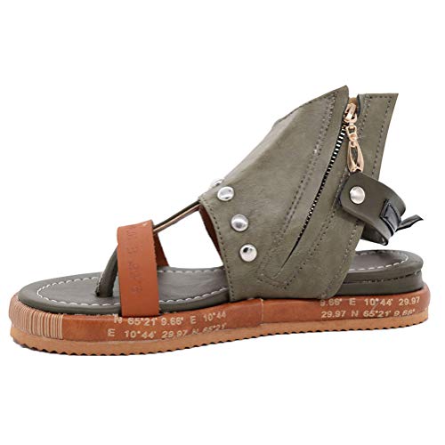 ORANDESIGNE Damen Sandalen Sommer Flache Riemchensandalen Leopard Schaftsandalen Open Toe Flip Flops PU Leder Strandsandalen mit Reißverschluss Grün 42 EU von ORANDESIGNE