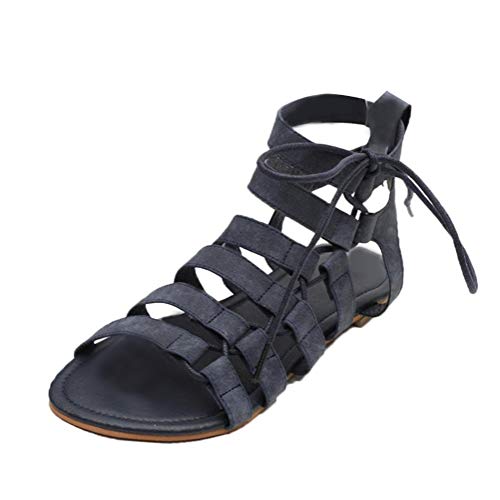 ORANDESIGNE Damen Sandalen Sommer Gladiator Ledersandalen flach Schwarz 39 EU von ORANDESIGNE