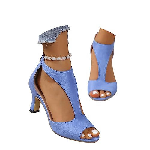 ORANDESIGNE Damen Sandalen mit Absatz,Stiletto Absatz Sandaletten Fischmaul Gefrostete Sommerschuhe High Heels Sandals Elegant Römersandalen Reißverschluss Große Größe Abendschuhe A Hellblau 37 EU von ORANDESIGNE