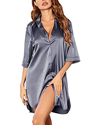ORANDESIGNE Damen Satin Nachtwäsche Kurzarm Nachthemd Sommer Nachtkleid V-Ausschnitt Lässige Schlafhemd Sleepshirt Schlafanzug Sleepwear A Grau M von ORANDESIGNE
