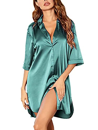 ORANDESIGNE Damen Satin Nachtwäsche Kurzarm Nachthemd Sommer Nachtkleid V-Ausschnitt Lässige Schlafhemd Sleepshirt Schlafanzug Sleepwear A Grün XXL von ORANDESIGNE