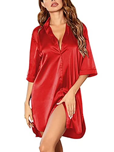 ORANDESIGNE Damen Satin Nachtwäsche Kurzarm Nachthemd Sommer Nachtkleid V-Ausschnitt Lässige Schlafhemd Sleepshirt Schlafanzug Sleepwear A Rot L von ORANDESIGNE