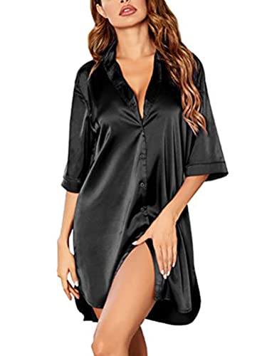 ORANDESIGNE Damen Satin Nachtwäsche Kurzarm Nachthemd Sommer Nachtkleid V-Ausschnitt Lässige Schlafhemd Sleepshirt Schlafanzug Sleepwear A Schwarz XL von ORANDESIGNE