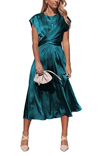 ORANDESIGNE Damen Satinkleid Elegant Sommer Midikleider Rundhals Ärmelloses Hohe Taille A-Line Lange Kleider Einfarbig Riemchen Abendkleid Cocktailkleid Satin Festtagskleid A Blau XL von ORANDESIGNE