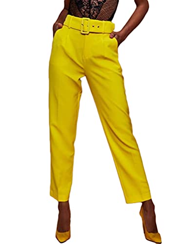 ORANDESIGNE Damen Schick Hohe Taille Einfarbig Mit Taschen Gerade Casual Sommerhose Mit Gürtel Pants Basic Freizeithosen Gelb S von ORANDESIGNE