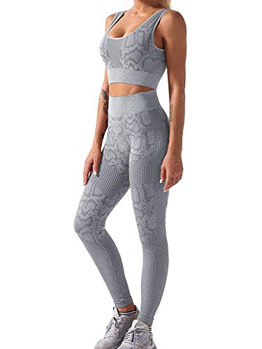 ORANDESIGNE Damen Schlangenmuster Yoga Anzug 2 Stücke Nahtlose Yoga-Klage Sports BH und Leggings Fitnessanzug Gym Sportswear Grau M von ORANDESIGNE