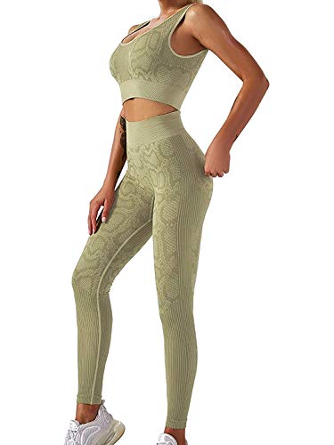 ORANDESIGNE Damen Schlangenmuster Yoga Anzug 2 Stücke Nahtlose Yoga-Klage Sports BH und Leggings Fitnessanzug Gym Sportswear Grün M von ORANDESIGNE