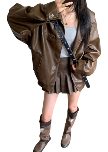 ORANDESIGNE Damen Schlichte Reißverschluss Jacke aus Kunstleder/Mini-A-Linien-Faltenrock mit hoher Taille A Braun S von ORANDESIGNE