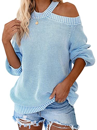 ORANDESIGNE Damen Schulterfrei Pullover Einfarbig Lässiger Langarm Strick Oberteil Tunika Pulli Sexy Off Shoulder V-Ausschnitt Pullover B Blau L von ORANDESIGNE