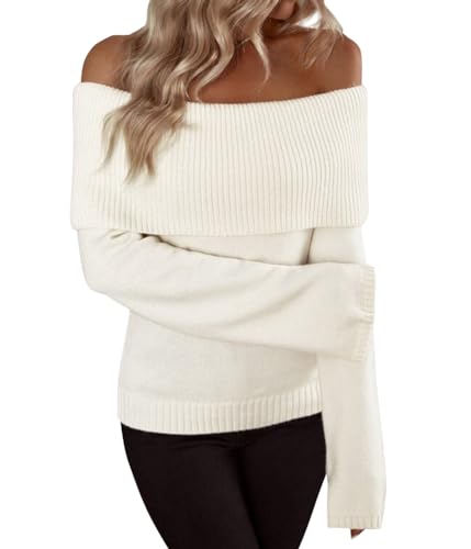 ORANDESIGNE Damen Schulterfrei Pullover Oberteil Elegant Langarm Top Sexy Off Shoulder Pullover Casual Strickpullover Strickpulli Herbst Winter Trägerlos Strickoberteil C Weiß M von ORANDESIGNE