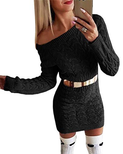 ORANDESIGNE Damen Schulterfrei PulloverKleid Strickkleid Sweater Oberteile Tops Bluse Lang Herbst Winter Strickpullover Minikleid Cocktailkleider Slim Fit (38, Schwarz) von ORANDESIGNE