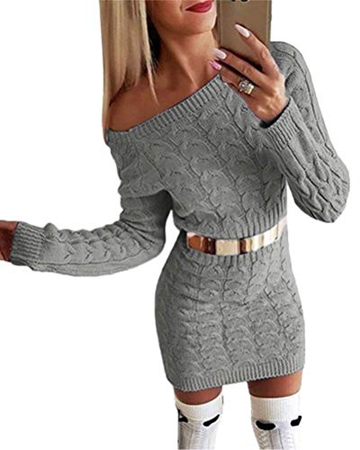 ORANDESIGNE Damen Schulterfrei PulloverKleid Strickkleid Sweater Oberteile Tops Bluse Lang Herbst Winter Strickpullover Minikleid Cocktailkleider Slim Fit Grau 44 von ORANDESIGNE