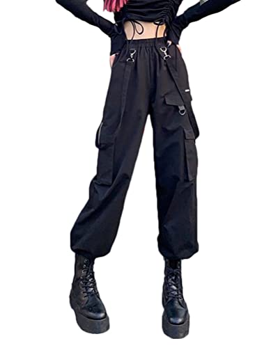 ORANDESIGNE Damen Schwarz Cargohose Arbeit Kampf Techwear Hose Hip Hop Mehrere Taschen Tapered Hosen Schnalle Riemen Jogginghose Sweatpants N S von ORANDESIGNE