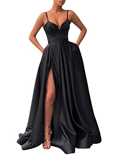 ORANDESIGNE Damen Drapiert Spaghettiträger Rückenfreies V-Ausschnitt Schlitz Elegante Maxikleid Abendkleid Fliederfarben Ballkleid A Schwarz S von ORANDESIGNE