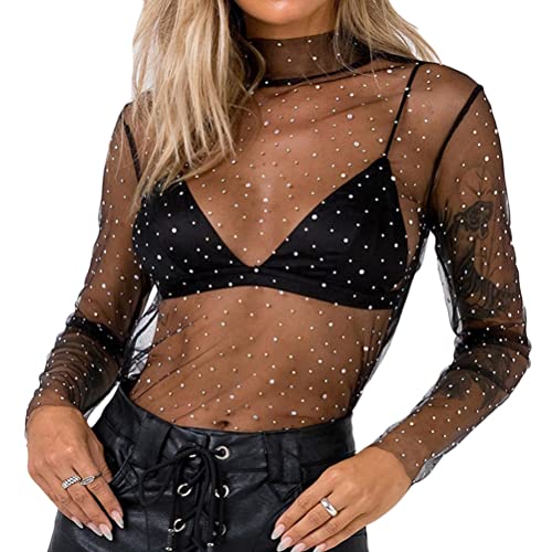 ORANDESIGNE Damen Schwarz Netzstoff T-Shirt Rundhals Party Oberteil Glitzer-Top Kurzarm Durchsichtig Crop Top Transparent Bauchfrei T-Shirts Club Mesh Oberteile Bluse Tunika M Schwarz S von ORANDESIGNE