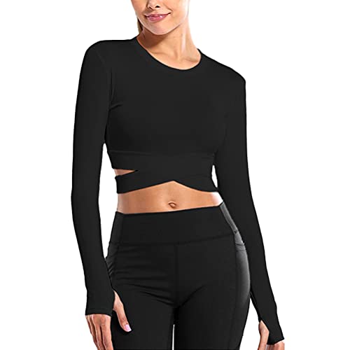 ORANDESIGNE Damen Schwarz Yoga Crop Top Sportshirt Langarm Einfarbige Sexy Sport Kurz Oberteil Laufshirt Atmungsaktiv Leicht Schnell Trocknend Training Gym T-Shirt A XL von ORANDESIGNE