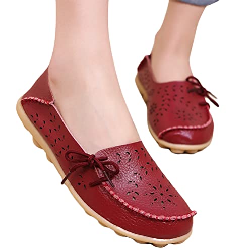 ORANDESIGNE Damen Segelschuhe Bootsschuhe Loafers Slipper Freizeit Schuhe Barfußschuh Weichen Leder Flache Schuhe Bequeme Fahr Schuhe Casual Slip On Atmungsaktiv Wanderschuhe A Weinrot 38 EU von ORANDESIGNE