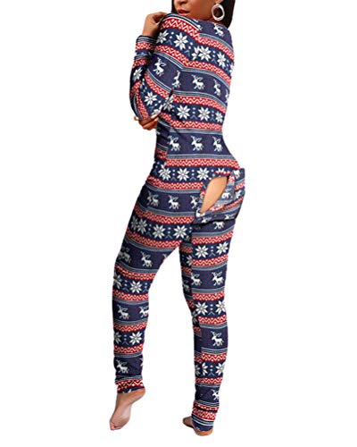 ORANDESIGNE Damen Sexy Butt Button Back Flap Jumpsuit Pyjama V-Ausschnitt Langarm One Piece Bodycon Strampler Onesies 09 Dunkelblau S von ORANDESIGNE