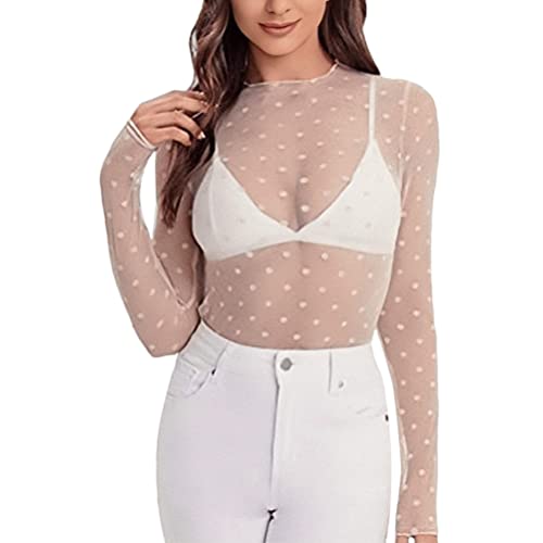 ORANDESIGNE Damen Sexy Mesh Sheer Oberteile Langarm Rollkragenpullover Transparent Tüll Mesh Shirt G Weiß M von ORANDESIGNE