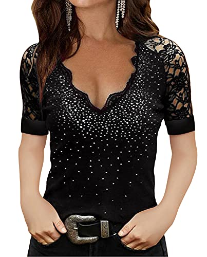 ORANDESIGNE Damen Sexy V-Ausschnitt T-Shirt mit Spitze Sexy Schulterfrei Oberteil Damen T Shirt Leicht Sexy V Ausschnitt Kurzarm Shirt mit Spitze Elegant Shirts Tops Sommer Blusen C Schwarz M von ORANDESIGNE