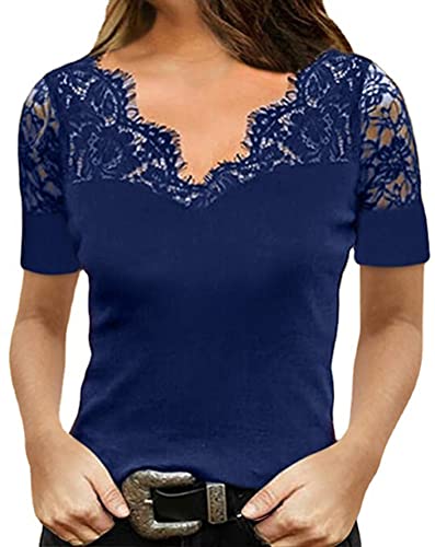 ORANDESIGNE Damen Sexy V-Ausschnitt T-Shirt mit Spitze Sexy Schulterfrei Oberteil Damen T Shirt Leicht Sexy V Ausschnitt Kurzarm Shirt mit Spitze Elegant Shirts Tops Sommer Blusen F Blau XXL von ORANDESIGNE