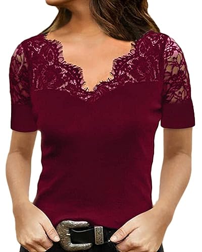 ORANDESIGNE Damen Sexy V-Ausschnitt T-Shirt mit Spitze Sexy Schulterfrei Oberteil Damen T Shirt Leicht Sexy V Ausschnitt Kurzarm Shirt mit Spitze Elegant Shirts Tops Sommer Blusen F Weinrot XXL von ORANDESIGNE