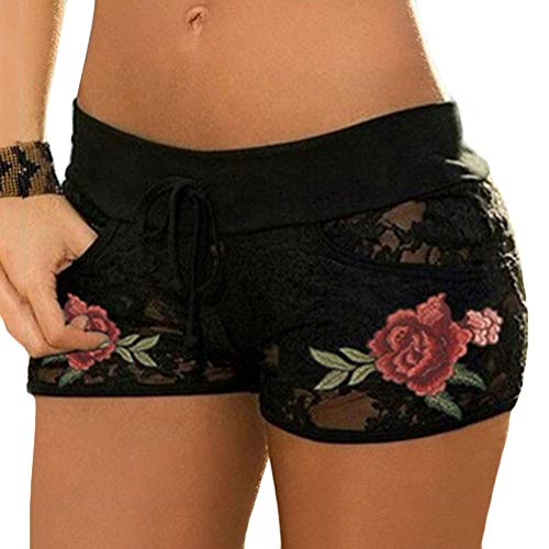 ORANDESIGNE Damen Shorts Elegante Spitze Hollow Hotpants Elastische Taille Sommershorts Beach Shorts Scharfe Hose G Schwarz + Rose M von ORANDESIGNE