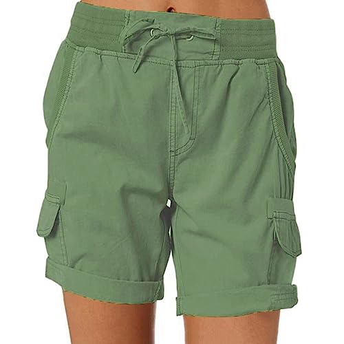 ORANDESIGNE Damen Shorts Sommer Casual Kurze Hosen Tunnelzug Elastische Stoffhose Hotpants Baumwolle Leinen Strand Shorts mit Taschen A Armeegrün M von ORANDESIGNE