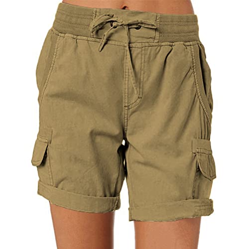 ORANDESIGNE Damen Shorts Sommer Casual Kurze Hosen Tunnelzug Elastische Stoffhose Hotpants Baumwolle Leinen Strand Shorts mit Taschen A Dunkelkhaki S von ORANDESIGNE