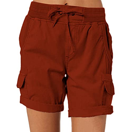 ORANDESIGNE Damen Shorts Sommer Casual Kurze Hosen Tunnelzug Elastische Stoffhose Hotpants Baumwolle Leinen Strand Shorts mit Taschen A Dunkelrot L von ORANDESIGNE