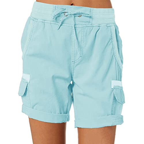 ORANDESIGNE Damen Shorts Sommer Casual Kurze Hosen Tunnelzug Elastische Stoffhose Hotpants Baumwolle Leinen Strand Shorts mit Taschen A Hellblau M von ORANDESIGNE