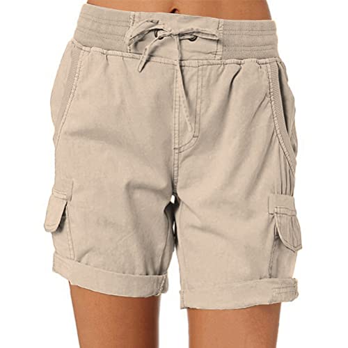 ORANDESIGNE Damen Shorts Sommer Casual Kurze Hosen Tunnelzug Elastische Stoffhose Hotpants Baumwolle Leinen Strand Shorts mit Taschen A Khaki S von ORANDESIGNE