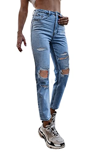 ORANDESIGNE Damen Skinny High Waist Jeans Jeanshose Löcher Elegant Röhrenjeans Risse Ripped Lang Eng Denim Hose Zerrissene Jeans Destroyed Lochjeans E Blau S von ORANDESIGNE