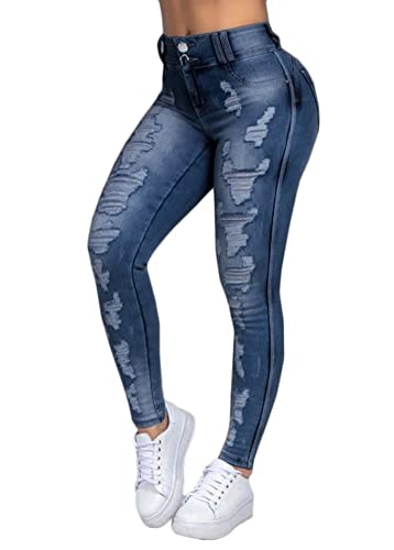 ORANDESIGNE Damen Skinny High Waist Jeans Stretch Jeanshose Löcher Röhrenjeans Risse Ripped Lang Eng Denim Hose Zerrissene Jeans Destroyed Leggings Unregelmäßige Lochjeans P Blau XXL von ORANDESIGNE