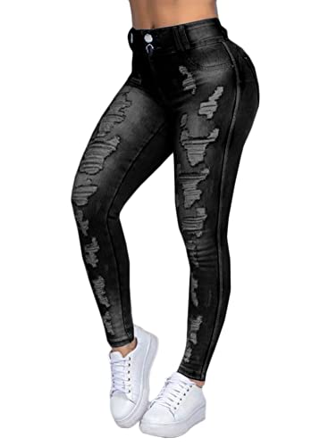 ORANDESIGNE Damen Skinny High Waist Jeans Stretch Jeanshose Löcher Röhrenjeans Risse Ripped Lang Eng Denim Hose Zerrissene Jeans Destroyed Leggings Unregelmäßige Lochjeans P Schwarz XXL von ORANDESIGNE