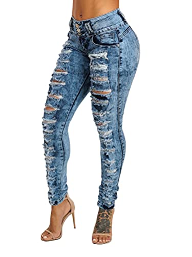 ORANDESIGNE Damen Skinny Jeans Rissen Löcher Ankle Jeanshosen Hohe Taille Jeans mit Löchern Lange Hosen Stretch 01 Blau 3XL von ORANDESIGNE
