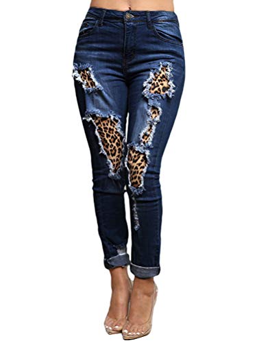 ORANDESIGNE Damen Skinny Jeans Rissen Löcher Leopard Patch Jeans mit Hoher Taille Dehnbar Lässig Slim Fit Zerstörte Jeans Lange Hosen A Dunkelblau L von ORANDESIGNE