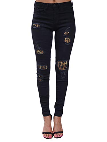 ORANDESIGNE Damen Skinny Jeans Rissen Löcher Leopard Patch Jeans mit Hoher Taille Dehnbar Lässig Slim Fit Zerstörte Jeans Lange Hosen B Schwarz S von ORANDESIGNE