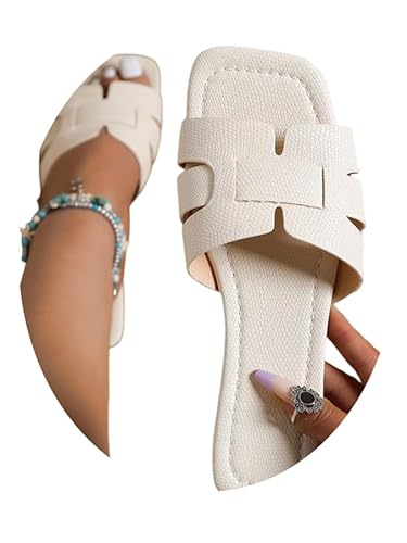ORANDESIGNE Damen Slide Sandalen Frauen Slip-on Sommer Flache Sandalen PU-Leder Quadratische Zehe Sandalen Offene Zehe Formelle Urlaub Boho Slipper Schuhe A Weiß 41 EU von ORANDESIGNE
