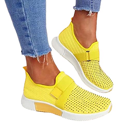 ORANDESIGNE Damen Sneakers, Frühling Herbst Frauen Soft Sole Slip On Sneakers Strass Atmungsaktive Flache Schuhe Gelb 39 EU von ORANDESIGNE