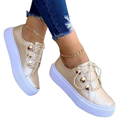 ORANDESIGNE Damen Sneakers Flache Low Sneaker Atmungsaktiv Turnschuhe Outdoor Sportschuhe Laufschuhe Schuhe Schnürsenkel Walkingschuhe B Gold 39 EU von ORANDESIGNE