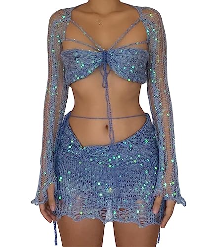 ORANDESIGNE Damen Sommer 2 Stück Rock Set Gehäkeltes Ausgehöhltes Crop Tops mit Hoher Taille Bodycon Minirock 2pcs Rock Set Y2K 90S Streetwear Frauen Bikini-Set Strand Outfits Bademode A Blau S von ORANDESIGNE