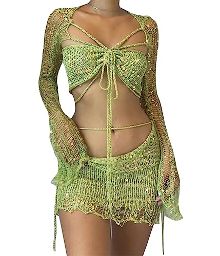 ORANDESIGNE Damen Sommer 2 Stück Rock Set Gehäkeltes Ausgehöhltes Crop Tops mit Hoher Taille Bodycon Minirock 2pcs Rock Set Y2K 90S Streetwear Frauen Bikini-Set Strand Outfits Bademode A Grün S von ORANDESIGNE