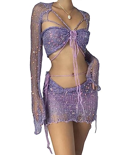 ORANDESIGNE Damen Sommer 2 Stück Rock Set Gehäkeltes Ausgehöhltes Crop Tops mit Hoher Taille Bodycon Minirock 2pcs Rock Set Y2K 90S Streetwear Frauen Bikini-Set Strand Outfits Bademode A Violett S von ORANDESIGNE
