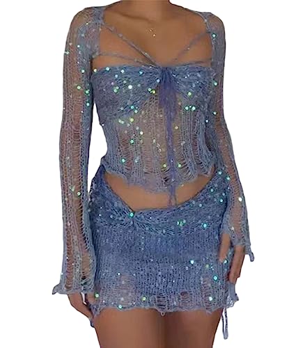 ORANDESIGNE Damen Sommer 2 Stück Rock Set Gehäkeltes Ausgehöhltes Crop Tops mit Hoher Taille Bodycon Minirock 2pcs Rock Set Y2K 90S Streetwear Frauen Bikini-Set Strand Outfits Bademode B Blau XS von ORANDESIGNE