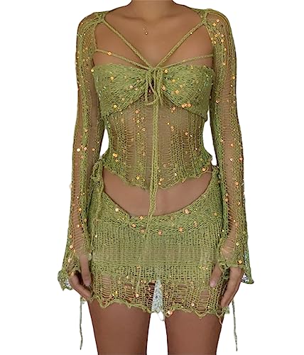 ORANDESIGNE Damen Sommer 2 Stück Rock Set Gehäkeltes Ausgehöhltes Crop Tops mit Hoher Taille Bodycon Minirock 2pcs Rock Set Y2K 90S Streetwear Frauen Bikini-Set Strand Outfits Bademode B Grün XL von ORANDESIGNE
