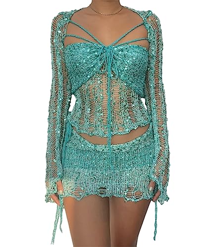 ORANDESIGNE Damen Sommer 2 Stück Rock Set Gehäkeltes Ausgehöhltes Crop Tops mit Hoher Taille Bodycon Minirock 2pcs Rock Set Y2K 90S Streetwear Frauen Bikini-Set Strand Outfits Bademode B Hellblau M von ORANDESIGNE