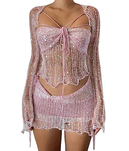 ORANDESIGNE Damen Sommer 2 Stück Rock Set Gehäkeltes Ausgehöhltes Crop Tops mit Hoher Taille Bodycon Minirock 2pcs Rock Set Y2K 90S Streetwear Frauen Bikini-Set Strand Outfits Bademode B Rosa XS von ORANDESIGNE